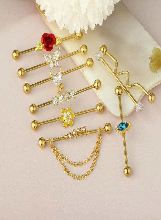 Suotarn 9pcs Gold Industrial Piercing Jewelry 38mm Stainless Steel 14G Industrial Barbell Earrings Ear Cartilage Helix-Conch Piercing Bar 1 1/2 Inch (golden) - Image 2